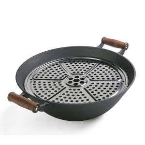 Cast iron pre-seasoned wok with two wooden handles