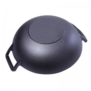 14” inch cast iron pre-seasoned wok with wooden lid/cover