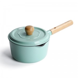 Cast iron enamel sauce pan with wooden handle