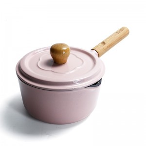 Cast iron enamel sauce pan with wooden handle