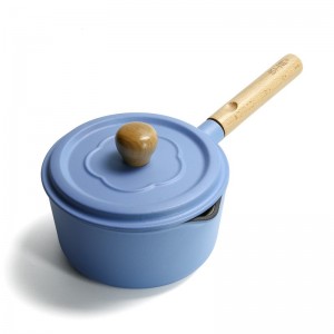 Cast iron enamel sauce pan with wooden handle