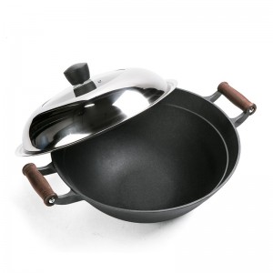 Cast iron pre-seasoned wok with two wooden handles