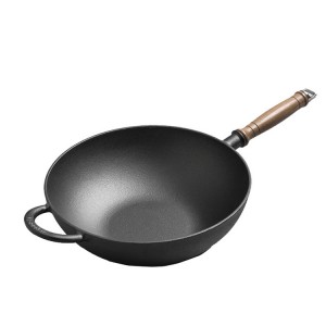 Cast iron pre-seasoned wok with wooden handle