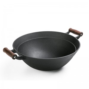 Cast iron pre-seasoned wok with two wooden handles