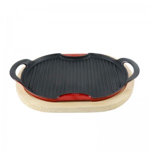 Cast iron griddle pan BBQ grill pan with wooden tary