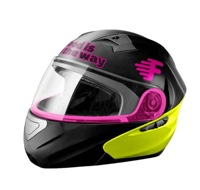 Snazzy Black Helmet with Purple and Yellow Accents for Food Delivery Riders Wholesale Supplier